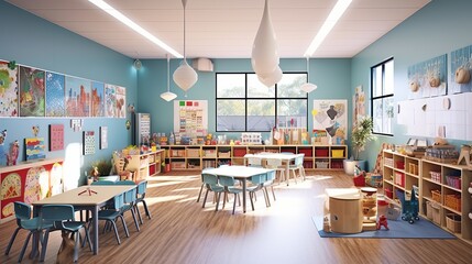Bright vibrant classroom with inspirational posters, educational materials on the walls, Back to school concept, Generative ai