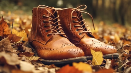 Men's boots in the autumn forest, generative AI.