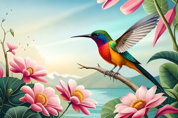 hummingbird and flower generating by AI technology