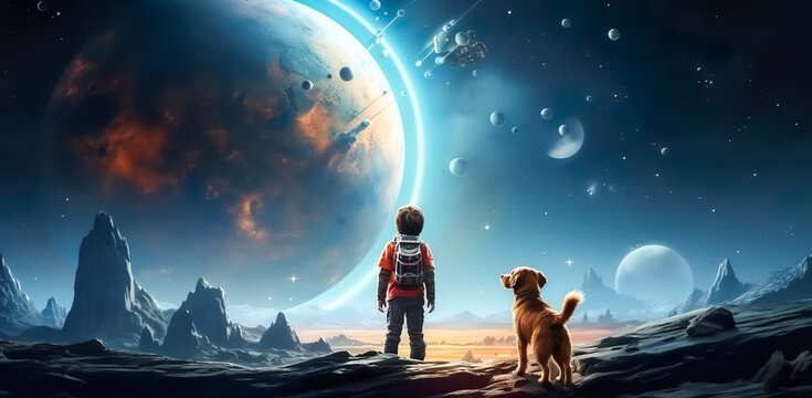 kid,child and looking sky or solar system.galaxy space and cosmos astronomy. inspiration or motivation concepts.generative ai technology