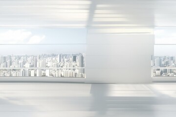 Large window in a contemporary, airy room with white walls and a ceramic tile floor provides a view of the sunny metropolis. Generative AI