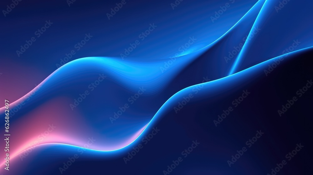 Poster abstract minimal neon background with glowing wavy line with dark wall illuminated with led light.
