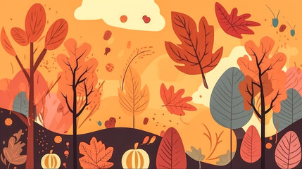 Creative illustration with pumpkins in the autumn forest, generative AI.