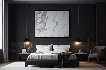 Interior of a dark bedroom with a sofa, an empty white poster bed, a marble wall, a big bed, nightstands, and parquet flooring. Scandinavian simple design idea for unwinding and comfort. a mockup