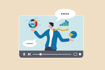 Explainer video online tutorial or training course, expertise explaining business strategy online, movie or education video clip, businessman expert explain business pie chart in video interface. - obrazy, fototapety, plakaty
