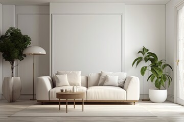 Interior wall mockup of a living area with a white, empty background. Generative AI