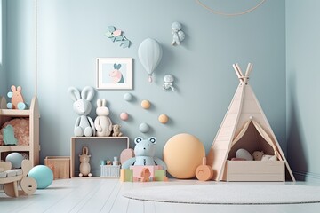 Interior Wall Mockup for Kids' Bedroom with Decorations,. Generative AI