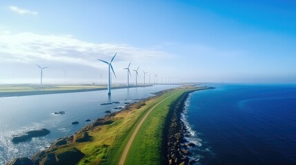 Windmill park in the ocean aerial view with wind turbine, Renewable energy eco.