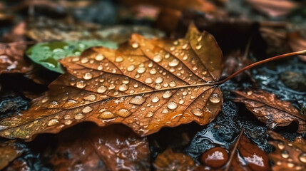 Close-up, autumn leaf in raindrops, generative AI.