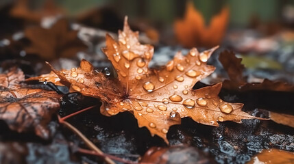 Close-up, autumn leaf in raindrops, generative AI.