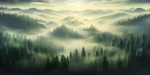 Generative AI, Misty fir forest beautiful landscape in hipster vintage retro style, foggy mountains and trees.