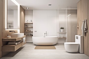 Naklejka na ściany i meble Interior side view of a bathroom with white circular tub, sink, and towel closet in a wood and white color scheme. a mockup. Generative AI