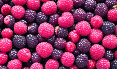 Berry background, raspberries and blackberries, top view. 