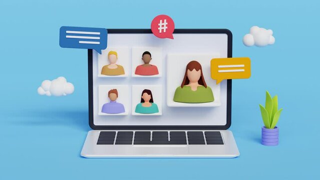 Video conference meeting online concept. Leader meeting online with employees on computer laptop. 3d loop animation