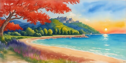 Watercolor view of France nature landscape. AI generated illustration