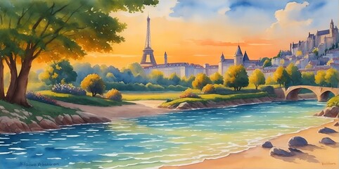 Watercolor view of France nature landscape. AI generated illustration