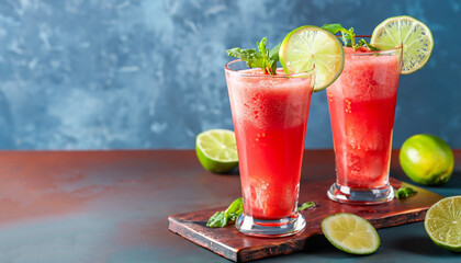 Watermelon slushie with lime, summer refreshing drink in tall glasses on a blue rusty background. with copy space