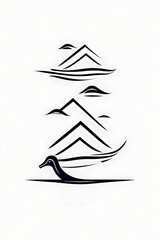 A very simple line drawing logo representing the ocean, boat, and sealife. 
