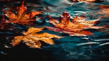 Autumn leaves on the surface of the water, generative AI.