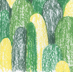 Green background, trees are yellow and green . pattern, woodland,illustration hand-drawn in pastel