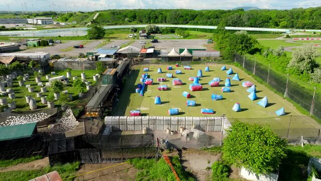 Bunkers And Obstacle Course In An Outdoor Paintball Park. - aerial