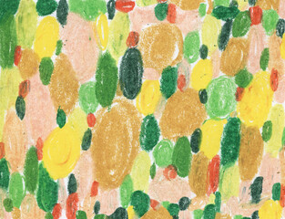 Green,brown,yellow circles, abstract background,hand-drawn pastel illustration ,autumn forest