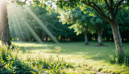 Defocused Green Trees in a Serene Forest with Wild Grass and Sun Beams ai generated