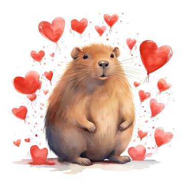 recommend clip art: capybara rodents watercolor composition with red hearts