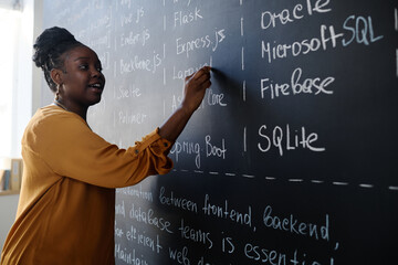 African American woman writing on blackboard, she teaching IT lesson at school