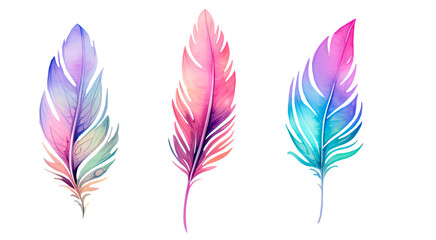 Gradient  multicolored watercolor feathers set clipart