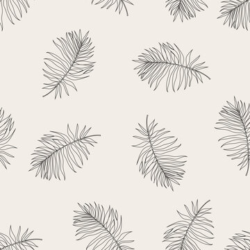 Seamless pattern of palm leaves on a pastel background. Line art. Leaves fall chaotically. Far removed from each other. Continuous line. Vector illustration.