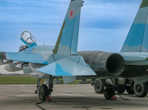 Ramenskoye, Russia - October 30, 2011 Su-27 (codification of NATO: Flanker-B). Fourth-generation Soviet and Russian all-weather all-weather supersonic heavy fighter at airport. Close-up.