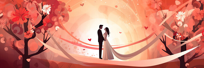 Abstract wedding banner with couple of a bride and groom on pastel background , generative ai