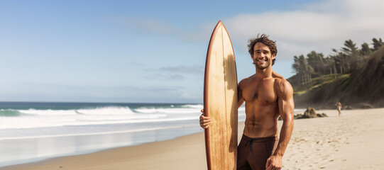 Attractive surfer holding surf board on the tropical beach, banner for web, generative ai - obrazy, fototapety, plakaty