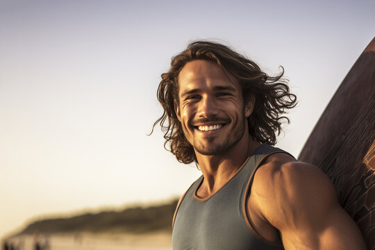 Attractive surfer on the beach. Smiling male beauty model tanned , geenrative ai