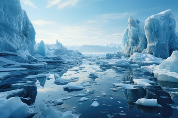 Ice sheets melting in the arctic ocean or waters. Global warming, climate change, greenhouse gas, ecology concept