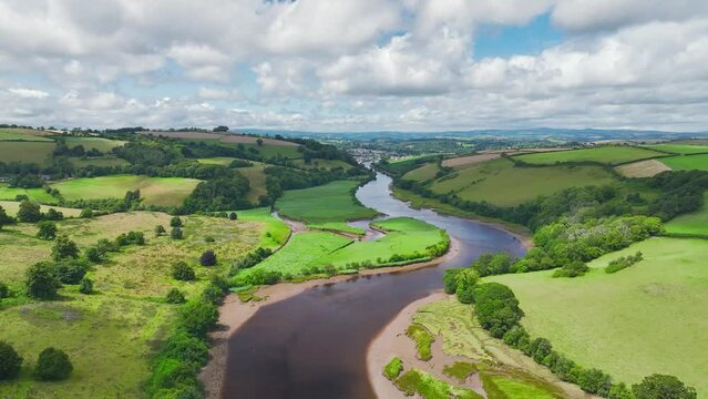 Sharpham Meadows and Marsh over River Dart from a drone, Totnes, Devon, England