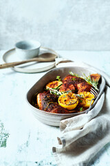 Mediterranean-style chicken with lemon, garlic, olives and herbs. Oven baked chicken legs