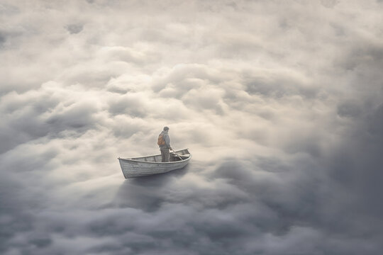 Man in a boat, floating on clouds. Loneliness, mental health, thinking concept. AI generative, Illustration