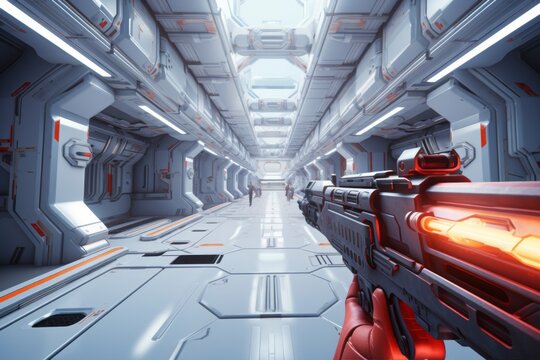 First person shooter. Beautiful illustration picture. Generative AI
