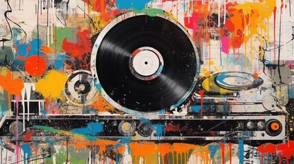 Generative AI, Grunge Vinyl Records, pop art graffiti, vibrant color. Ink melted paint street art on a textured paper vintage background