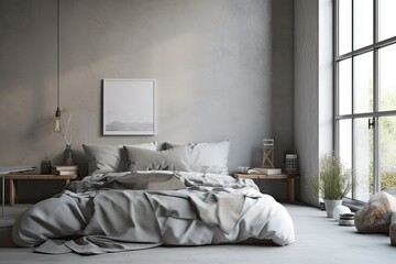 Interior of a gray bedroom with pillows and linens on a concrete floor and a bathroom in the distance. countryside in the background, a grey wall with a mock up copy space poster banner,. Generative