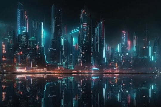 Modern cyberpunk night city landscape with illuminated futuristic buildings of metropolis with light reflection on water surface © sommersby