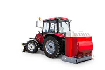 Red modern wheeled tractor with mouldboard isolated