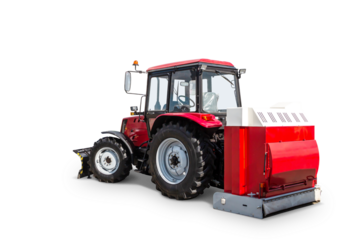 Red modern wheeled tractor with mouldboard isolated