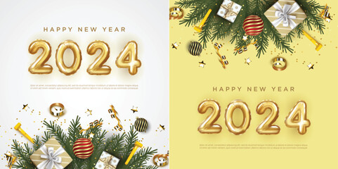 Happy New Year 2024. festive realistic decoration. Set of celebrate party 2024 on square background - obrazy, fototapety, plakaty