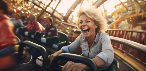 Fototapeta na wymiar AI generated image of mature female in amusement park