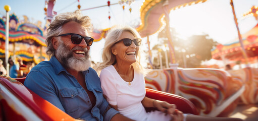 AI generated image of happy mature couple in amusement park
