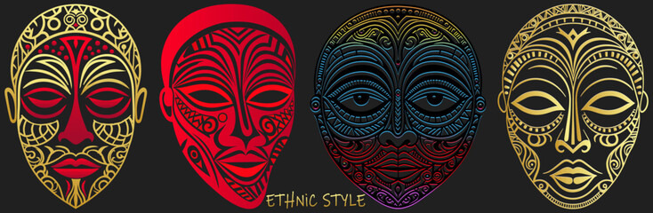 Set of exotic tribal masks, faces, outline, silhouette isolated on black background. Creative templates. Ethnic heritage of East, Asia, India, Mexico, Aztec, Africa, Peru in line art style.