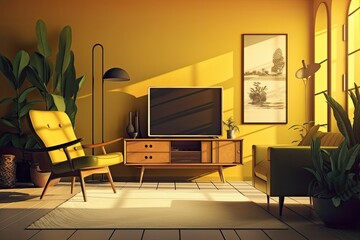 Interior of a yellow living room with a plant, TV stand, and chair. Generative AI